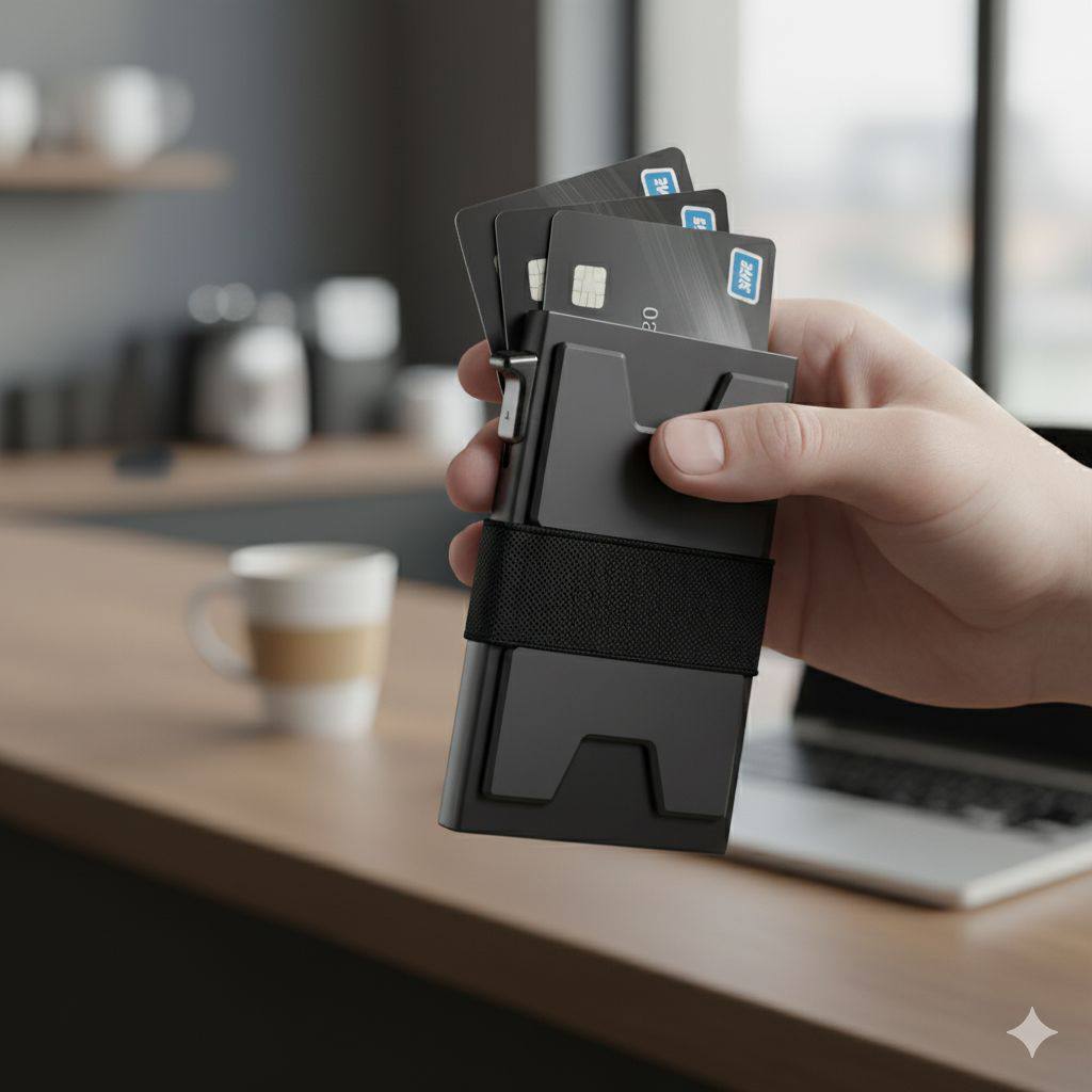 Minimalistisches Metall-Portemonnaie für Herren — Pop-Up Kartenetui, Slim Kreditkartenhalter