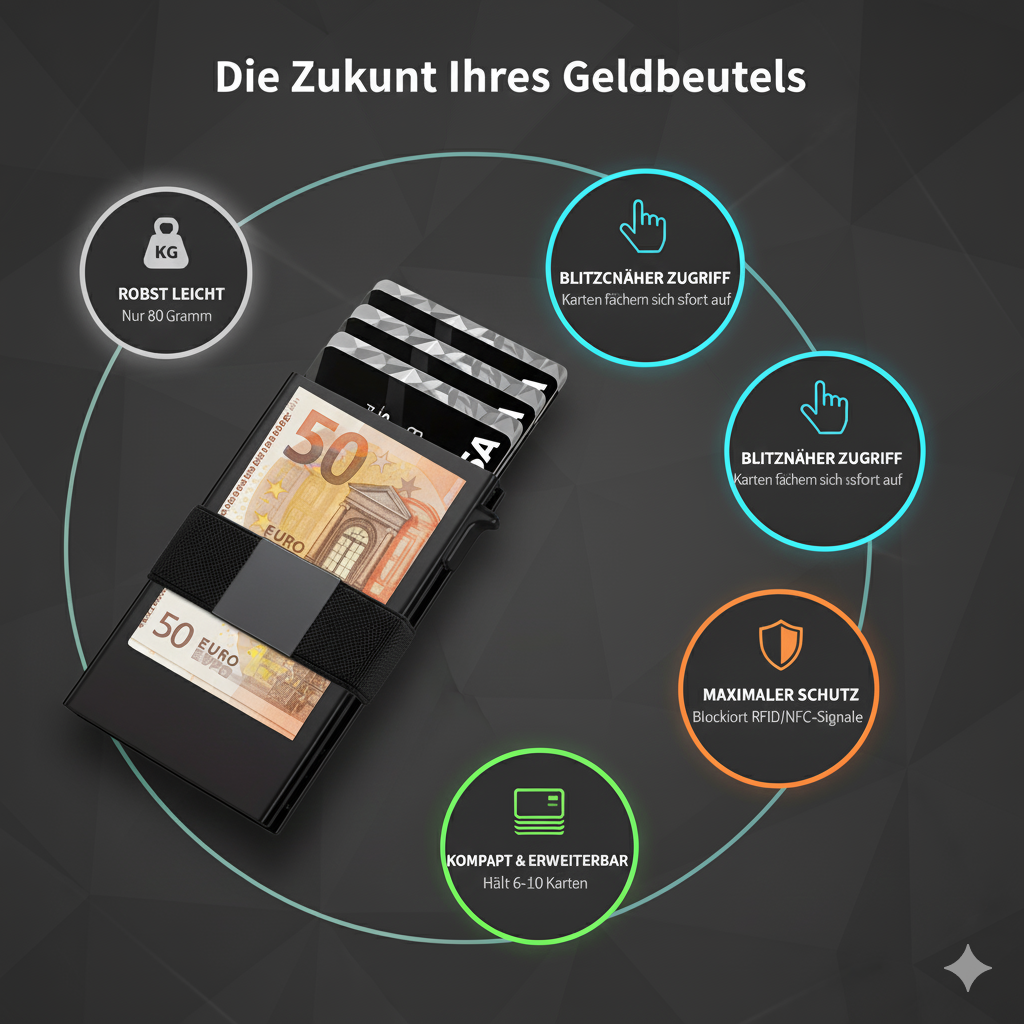 Minimalistisches Metall-Portemonnaie für Herren — Pop-Up Kartenetui, Slim Kreditkartenhalter